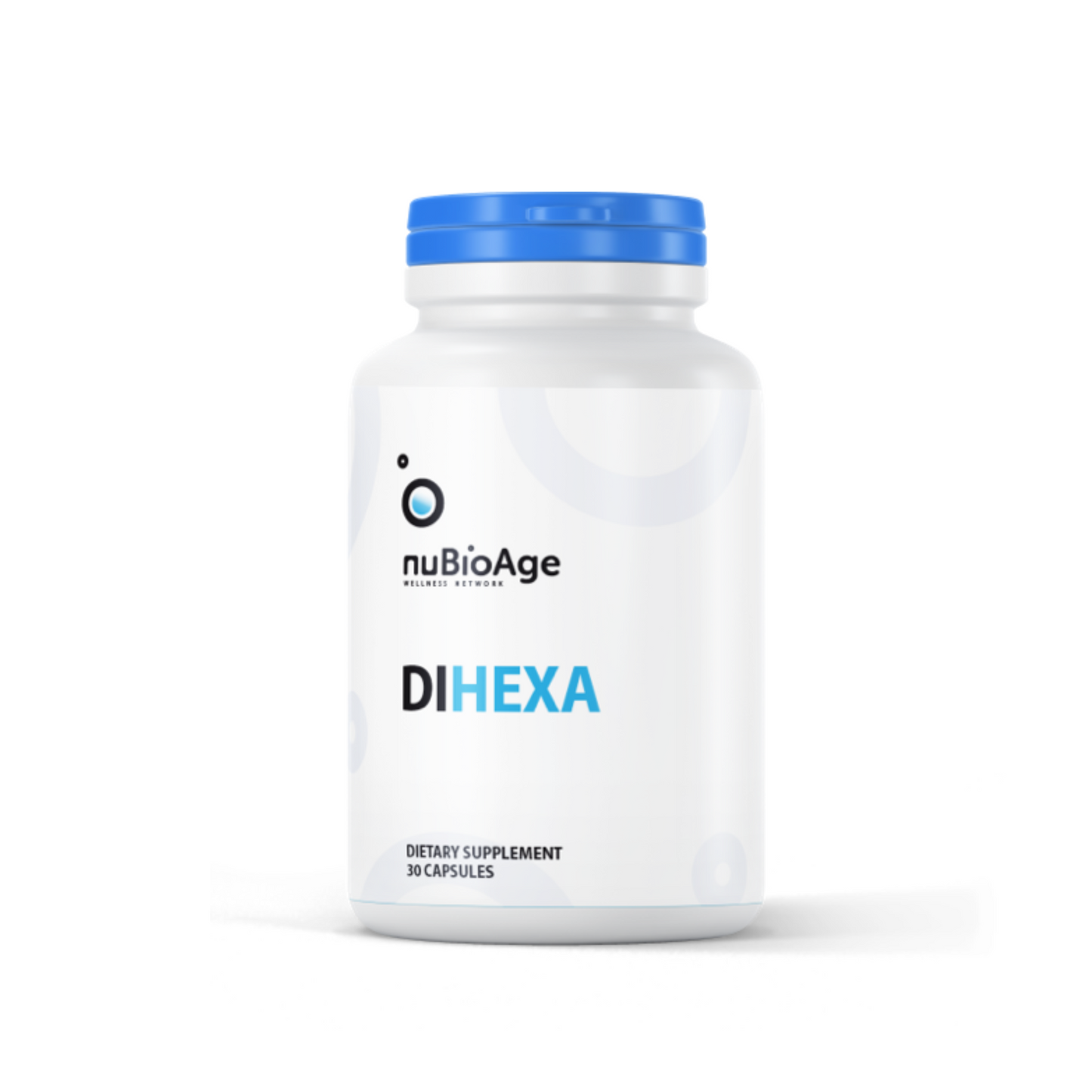 A white bottle labeled "OHP Health DIHEXA" with a blue cap contains 30 dietary supplement capsules designed to support neurological health through the innovative DiHEXA peptide compound.