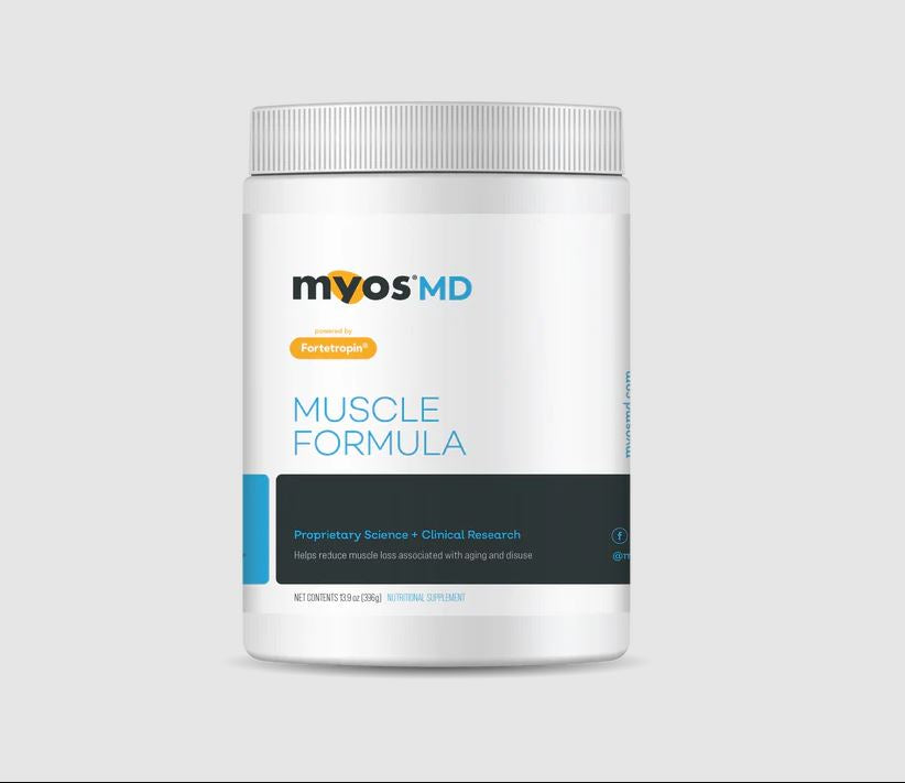 A MYOS MD Muscle Formula white jar with blue and yellow accents contains a nutritional supplement enriched with Fortetropin, offering 60 servings designed to help manage myostatin levels and combat muscle loss.