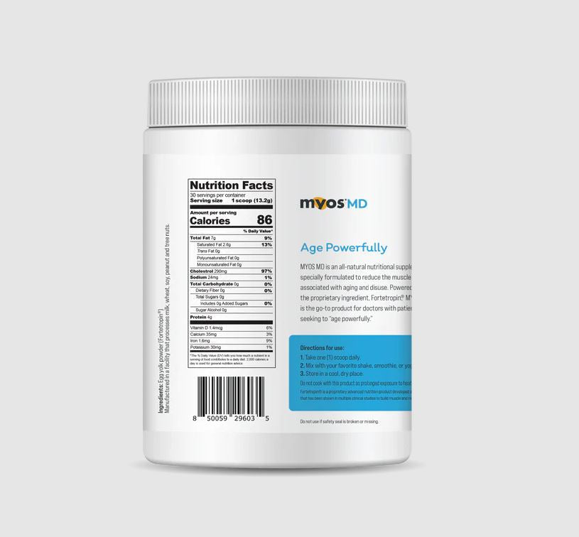 A white container of MYOS MD Muscle Formula nutritional supplement, enriched with Fortetropin to support muscle loss prevention, features labeled nutrition facts and easy-to-follow usage instructions.