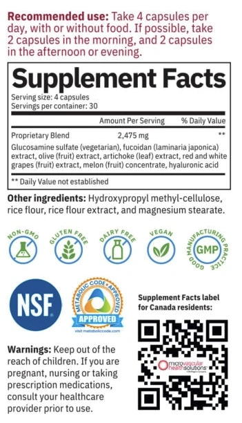 Supplement Facts label for EndocalyxPro 120 caps by My Body RX, offering cardiovascular support with plant extracts. Includes precautions to keep out of reach of children and contains 30 servings per container.