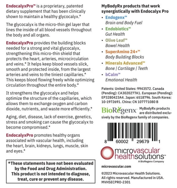The reverse side of the My Body RX EndocalyxPro 120 caps package features detailed information about its benefits and those of other related products, emphasizing support for vascular and glycocalyx health. It includes product details, ingredient lists, and disclaimers to promote enhanced cardiovascular wellness.