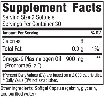 Supplement facts label for ProdromeGlia Plasmalogen Supplement by Prodrome: 8 calories and 0.9g total fat per serving with two softgels per serving and 30 servings per container, designed to support glia membranes' health.