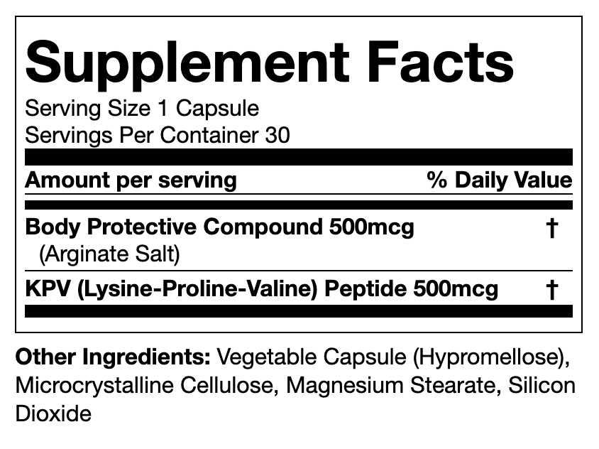 GUTTIDES™ by nuBioAge features a Supplement Facts label with Body Protective Compound 500mcg and KPV Peptide 500mcg per capsule, known for their anti-inflammatory benefits. Additional ingredients support gut health and immune response management.