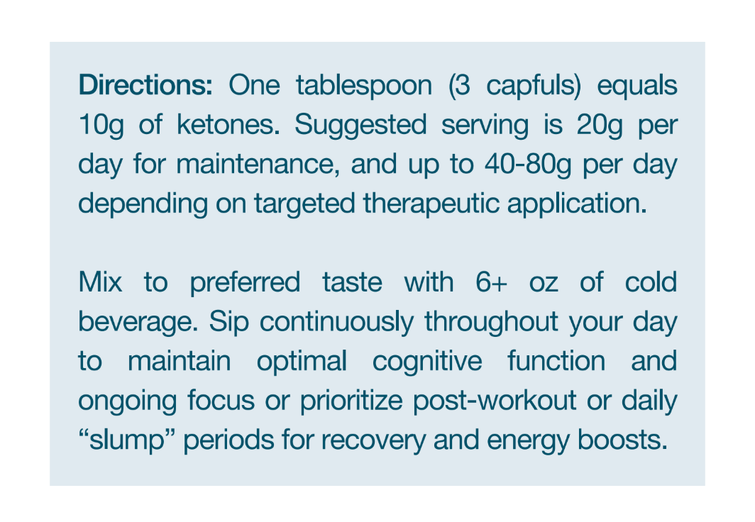 Instruction label for KenetikPro Ketone Concentrate 3-Pack details dosage, serving sizes, mixing instructions, and usage tips for cognitive benefits and energy.