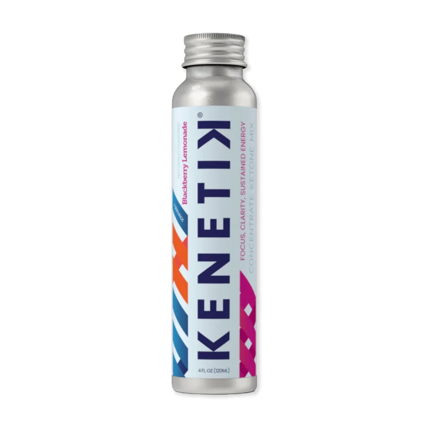 The product is a silver bottle labeled "Kenetik Ketone Concentrate" by OHP Health, showcasing a vibrant design. It features the "Blackberry Lemonade" flavor and emphasizes qualities like focus, clarity, and sustained energy. This bioidentical ketone drink provides brain-boosting benefits and contains 4 fl oz (120 ml).