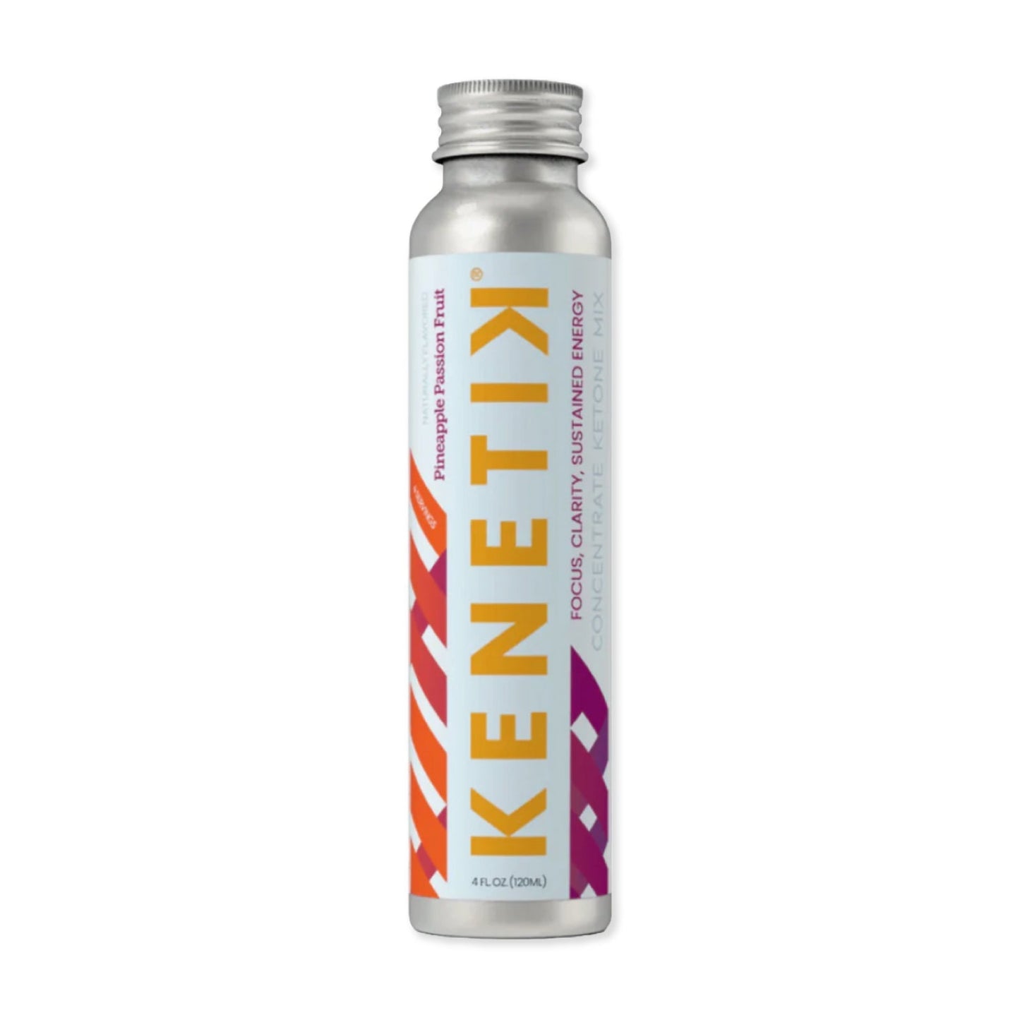Silver bottle of OHP Health's Kenetik Ketone Concentrate featuring a vibrant geometric design and text highlighting focus and cognitive benefits, providing ketogenic-certified energy support.