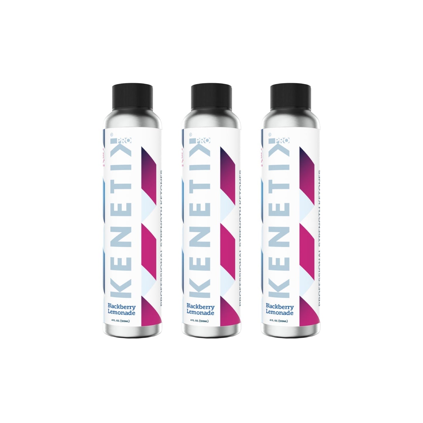 Three bottles of KenetikPro Ketone Concentrate, featuring a geometric design on silver cans and infused with ketones to support brain health, ideal for those embracing the KenetikPro lifestyle.