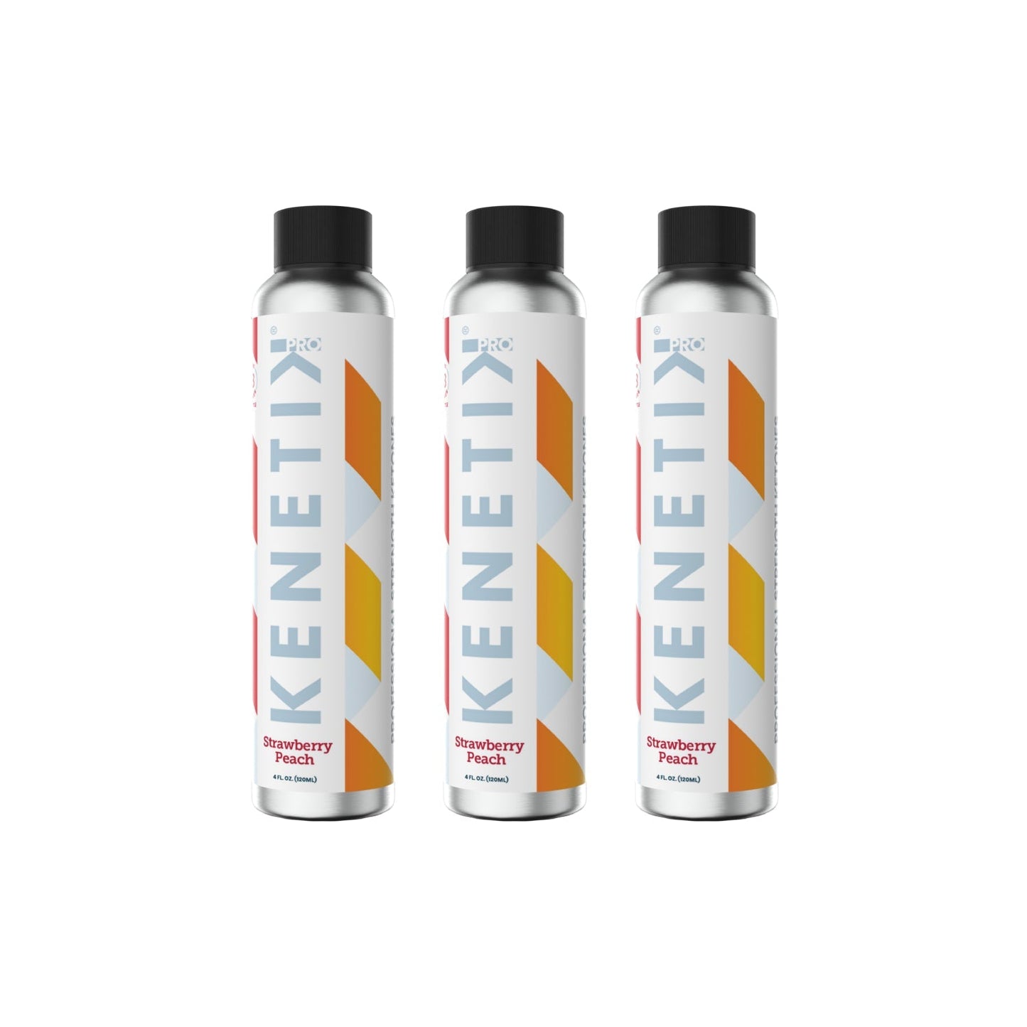 Three bottles of KenetikPro Ketone Concentrate, each with an aluminum can design and black caps, are arranged in a row against a plain background to highlight their benefits for promoting cellular health and enhanced vitality.