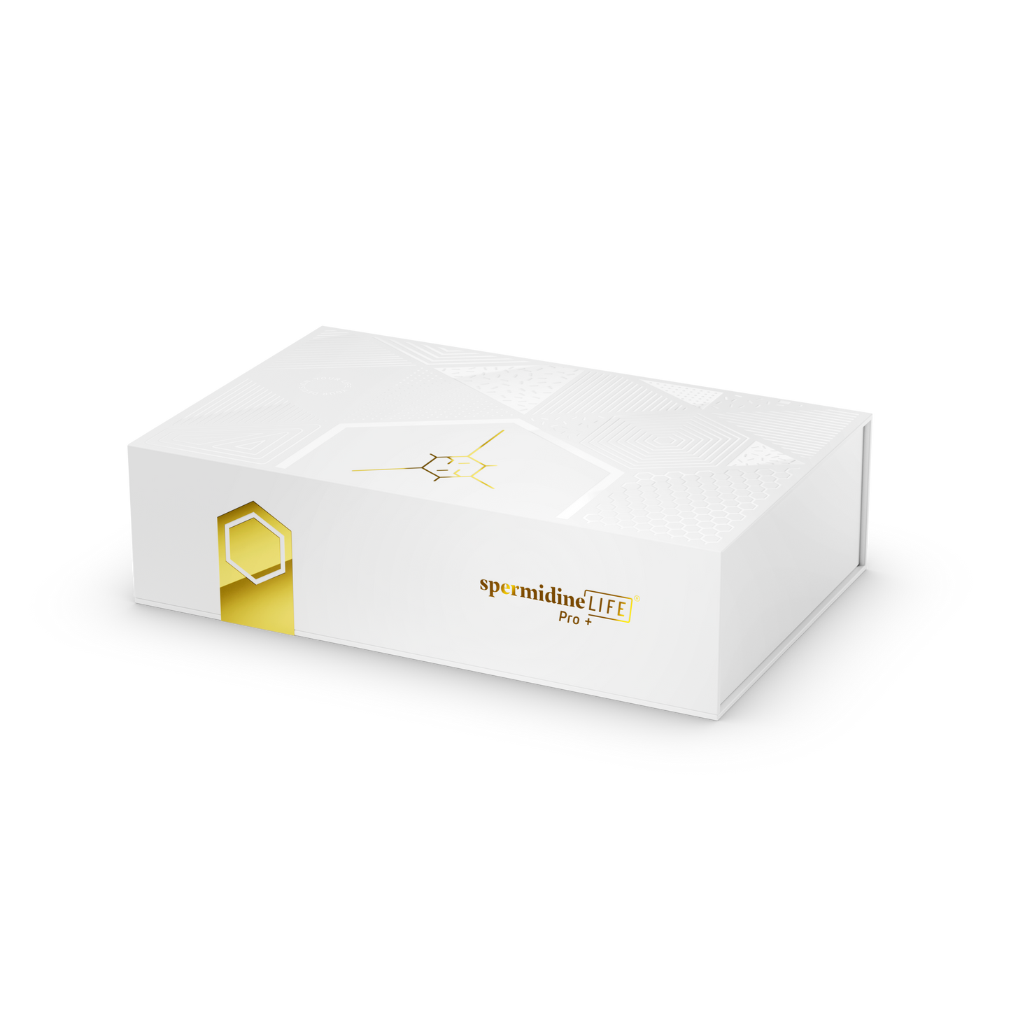 A white rectangular box adorned with the text "SpermidineLife PRO+ 4800mg | 30 Pack" from Longevity Labs, Inc features gold accents and a geometric design, emphasizing its contribution to autophagy promotion.
