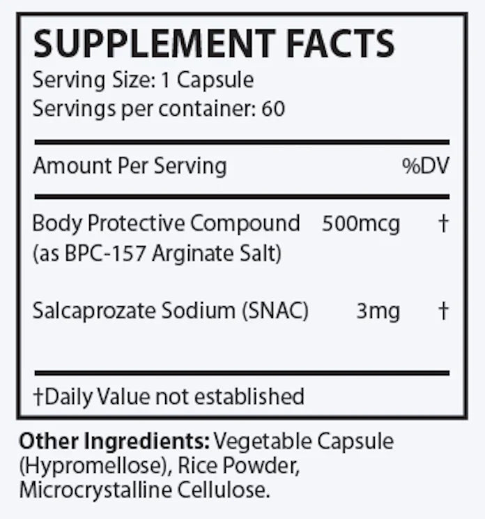 OHP Health's BPC-157 supplement, with 60 capsules per container, features BPC-157 Arginate Salt (500mcg) and Salcaproate Sodium (3mg). Daily value not established.