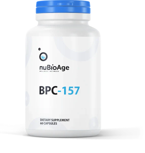 White bottle of BPC-157 dietary supplement by OHP Health, featuring 60 capsules known for their healing properties and gut health benefits.