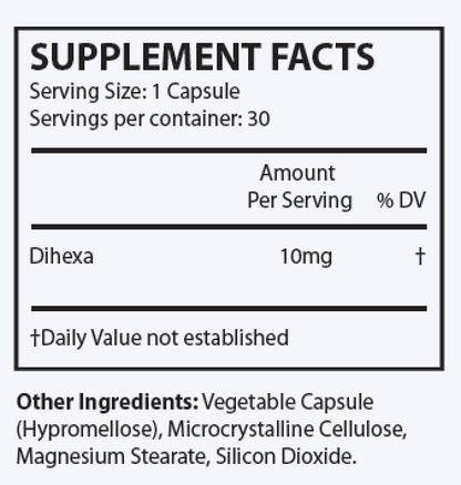 Explore the supplement facts for DIHEXA capsules by OHP Health, which provide 10mg per serving. This peptide formula is composed of hypromellose, microcrystalline cellulose, magnesium stearate, and silicon dioxide, designed to aid in recovery from neurological damage.