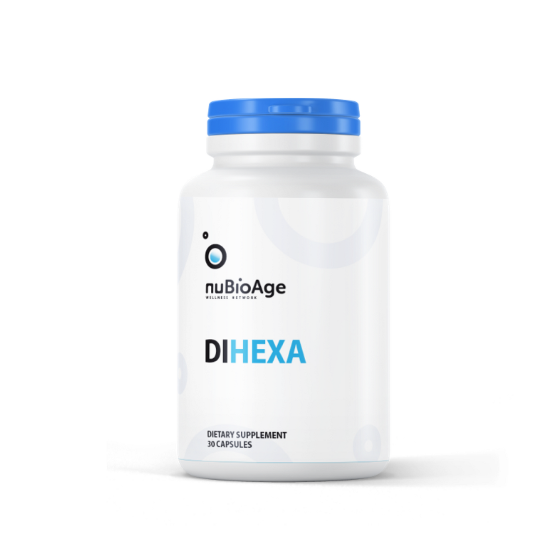 A white bottle labeled "OHP Health DIHEXA" with a blue cap contains 30 dietary supplement capsules designed to support neurological health through the innovative DiHEXA peptide compound.