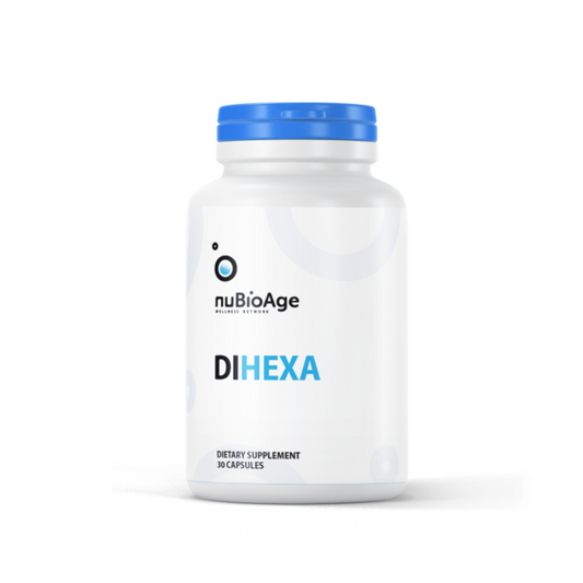 A white bottle labeled "OHP Health DIHEXA" with a blue cap contains 30 dietary supplement capsules designed to support neurological health through the innovative DiHEXA peptide compound.