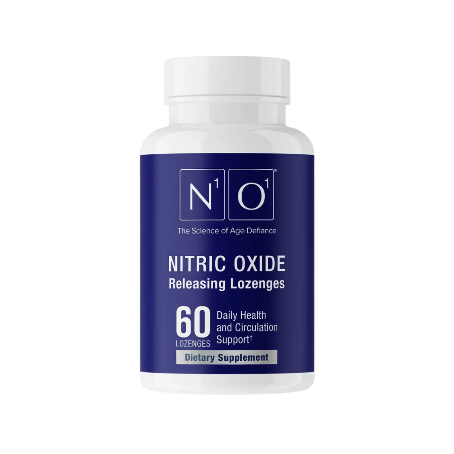 The "Nitric Oxide Lozenges" by N101, in a blue bottle with 60 lozenges, serves as a dietary supplement to efficiently support cardiovascular health, daily wellness, and circulation.