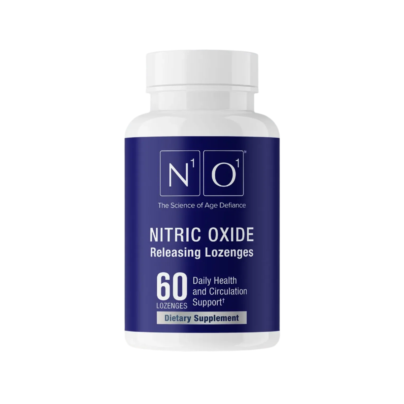 The "Nitric Oxide Lozenges" by N101, in a blue bottle with 60 lozenges, serves as a dietary supplement to efficiently support cardiovascular health, daily wellness, and circulation.