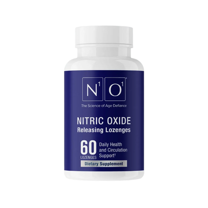 The "Nitric Oxide Lozenges" by N101, in a blue bottle with 60 lozenges, serves as a dietary supplement to efficiently support cardiovascular health, daily wellness, and circulation.