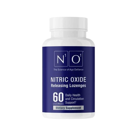 The "Nitric Oxide Lozenges" by N101, in a blue bottle with 60 lozenges, serves as a dietary supplement to efficiently support cardiovascular health, daily wellness, and circulation.