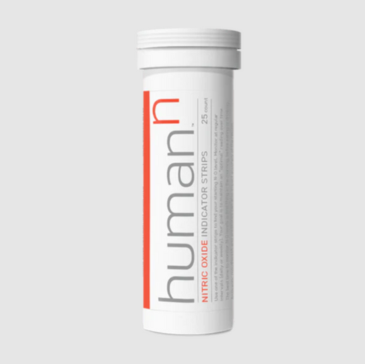 A tube labeled "OHP Health," containing 25 Nitric Oxide Indicator Strips designed to monitor your nitric oxide levels, rests on a plain background. Ideal for those keen on managing their dietary nitrate intake.