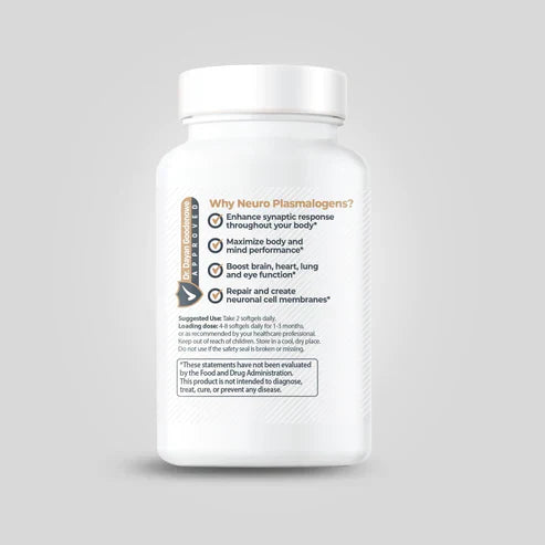 White supplement bottle with label reading "Why ProdromeNeuro Plasmalogen?" by Prodrome. It lists benefits: enhance synaptic response, maximize mind performance, boost organ function, and repair neuron membranes. This Plasmalogen supplement is key to maintaining optimal brain health.