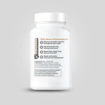 White supplement bottle with label reading "Why ProdromeNeuro Plasmalogen?" by Prodrome. It lists benefits: enhance synaptic response, maximize mind performance, boost organ function, and repair neuron membranes. This Plasmalogen supplement is key to maintaining optimal brain health.