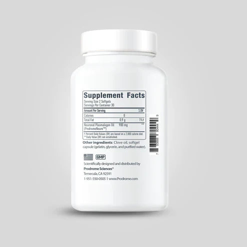 A white bottle of ProdromeNeuro Plasmalogen by Prodrome shows a "Supplement Facts" label with ingredients, serving size, and contact details for Prodrome Sciences in Temecula, CA. This Omega-3 oil is expertly crafted to support neuron membranes.