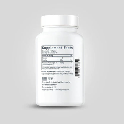 A white bottle of ProdromeNeuro Plasmalogen by Prodrome shows a "Supplement Facts" label with ingredients, serving size, and contact details for Prodrome Sciences in Temecula, CA. This Omega-3 oil is expertly crafted to support neuron membranes.