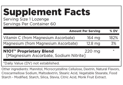 Check out the N101 Nitric Oxide Lozenges' Supplement Facts: 164 mg Vitamin C (182% DV), 12.8 mg Magnesium (3% DV), a 220 mg proprietary blend for cardiovascular support, plus Mannitol and Dextrin.