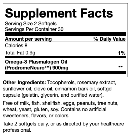 Check out the Supplement Facts for ProdromeNeuro Plasmalogen by Prodrome, featuring Omega-3 Plasmalogen Oil to support neuron membranes. Enhanced with rosemary extract and clove oil, these softgels are free of artificial additives, dairy, and nuts.