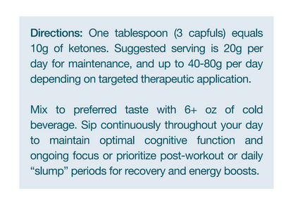 Instruction label for KenetikPro Ketone Concentrate 3-Pack details dosage, serving sizes, mixing instructions, and usage tips for cognitive benefits and energy.