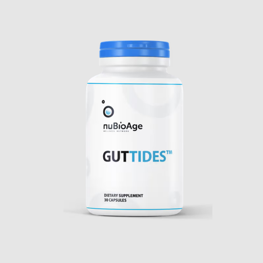 White GUTTIDES™ bottle with a blue lid from nuBioAge, labeled to contain 30 capsules for optimal gut health.