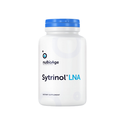 Sytrinol LNA supplement promoting longevity and OHP health displayed on black background.