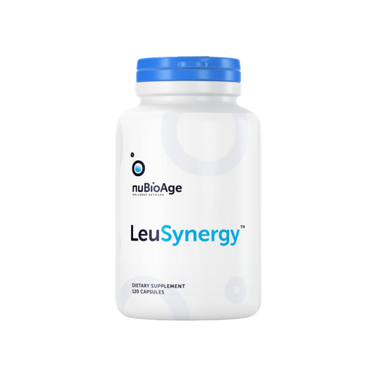 A bottle of LeuSynergy Compound | 120 Caps by Nubio Age on a black background.