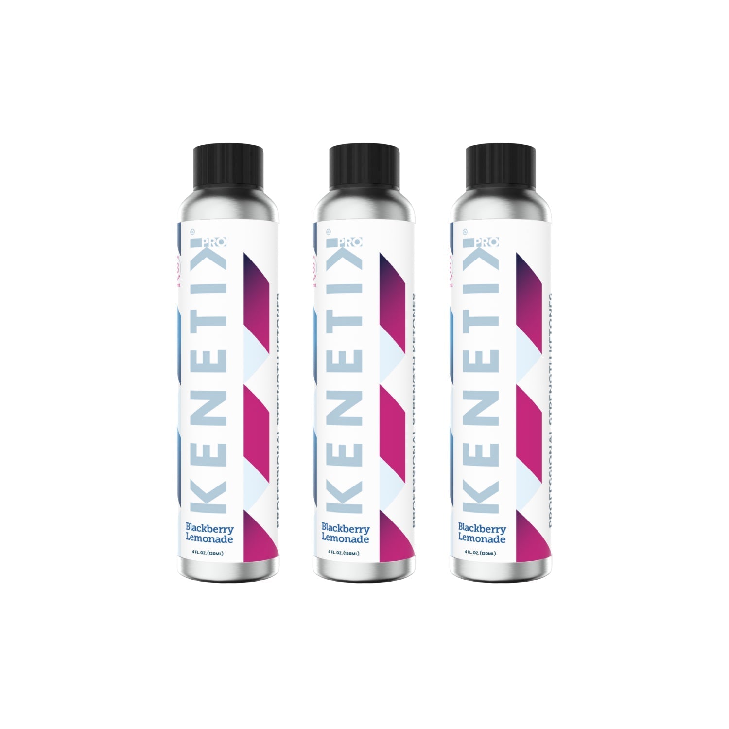 Three bottles of KenetikPro Ketone Concentrate, featuring a geometric design on silver cans and infused with ketones to support brain health, ideal for those embracing the KenetikPro lifestyle.