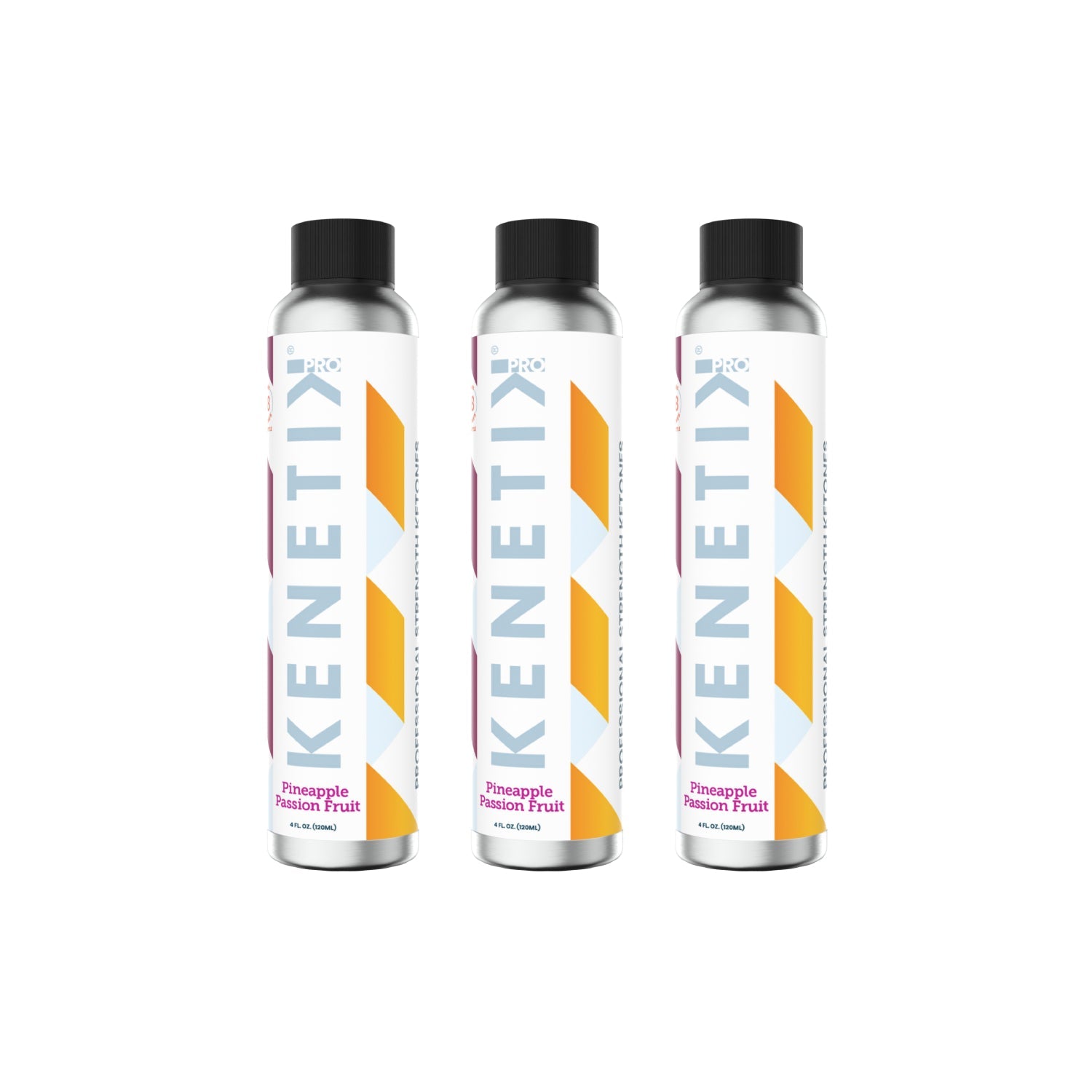Three bottles from the KenetikPro Ketone Concentrate 3-Pack, labeled with the brand name "KenetikPro," featuring a pineapple passion fruit flavor design and infused with ketones for enhanced brain health.