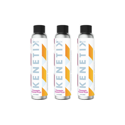 Three bottles from the KenetikPro Ketone Concentrate 3-Pack, labeled with the brand name "KenetikPro," featuring a pineapple passion fruit flavor design and infused with ketones for enhanced brain health.