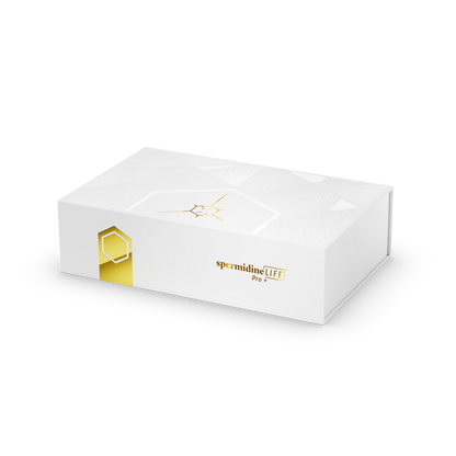 A white rectangular box adorned with the text "SpermidineLife PRO+ 4800mg | 30 Pack" from Longevity Labs, Inc features gold accents and a geometric design, emphasizing its contribution to autophagy promotion.