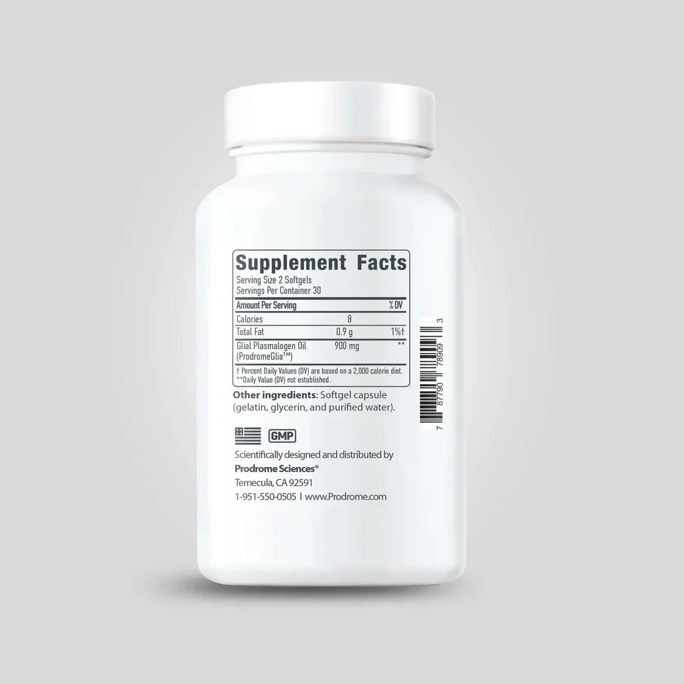 White ProdromeGlia Plasmalogen Supplement bottle with a label showing "Supplement Facts" and Prodrome contact info, supports glia membranes and boosts cellular function.