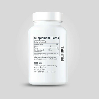 White ProdromeGlia Plasmalogen Supplement bottle with a label showing "Supplement Facts" and Prodrome contact info, supports glia membranes and boosts cellular function.